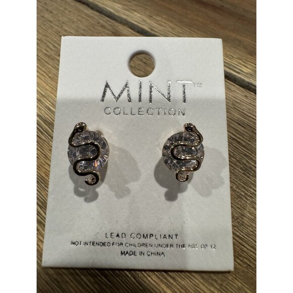 Mint Small CZ Stud with Goldtone Snake Earrings Bling Sparkle Party NEW - Picture 5 of 6